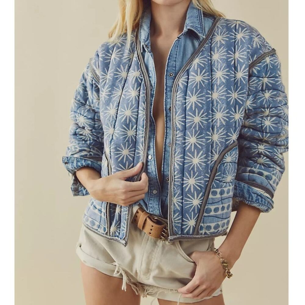 FREE PEOPLE Kara Quilted Cardi in Pacific Combo Colorway Size XL